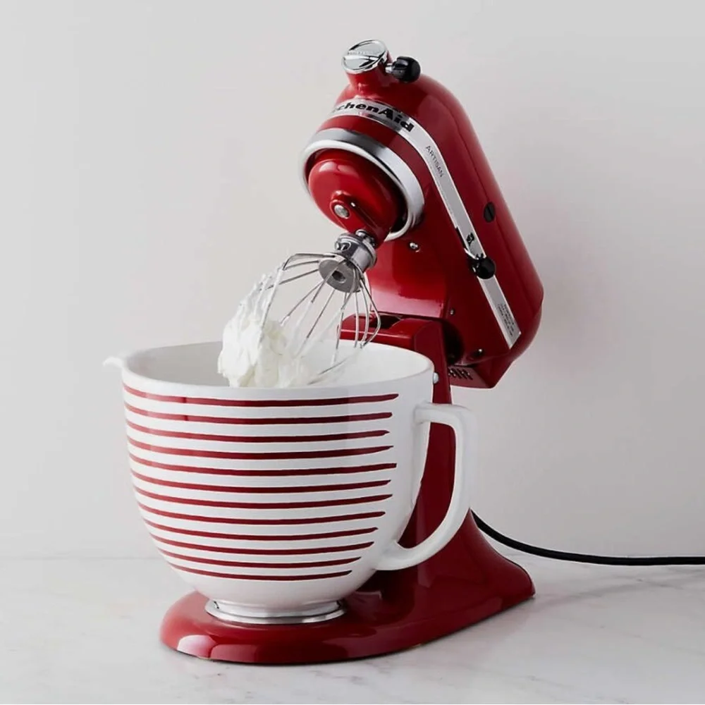New! Crate&Barrel x KitchenAid Red&White 5-Qt Ceramic Mixing Bowl w Spout